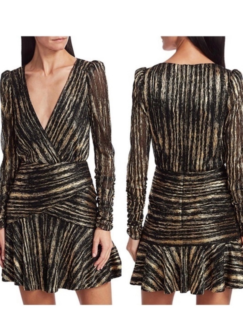Monique Lhuillier Black and Gold Metallic Wrap Dress